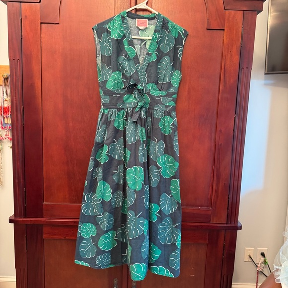 Kate Spade Dress Size 6 Green Dark Forest Leaves Bow Midi Fit and Flare Tropical - Picture 1 of 12